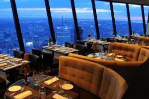 360 The Restaurant at the CN Tower in Toronto, ON City View at Dusk DiRoNA Awarded Restaurant