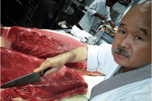 Tojo's in Vancouver, BC Chef Tojo slicing Tuna DiRoNA Awarded Restaurant